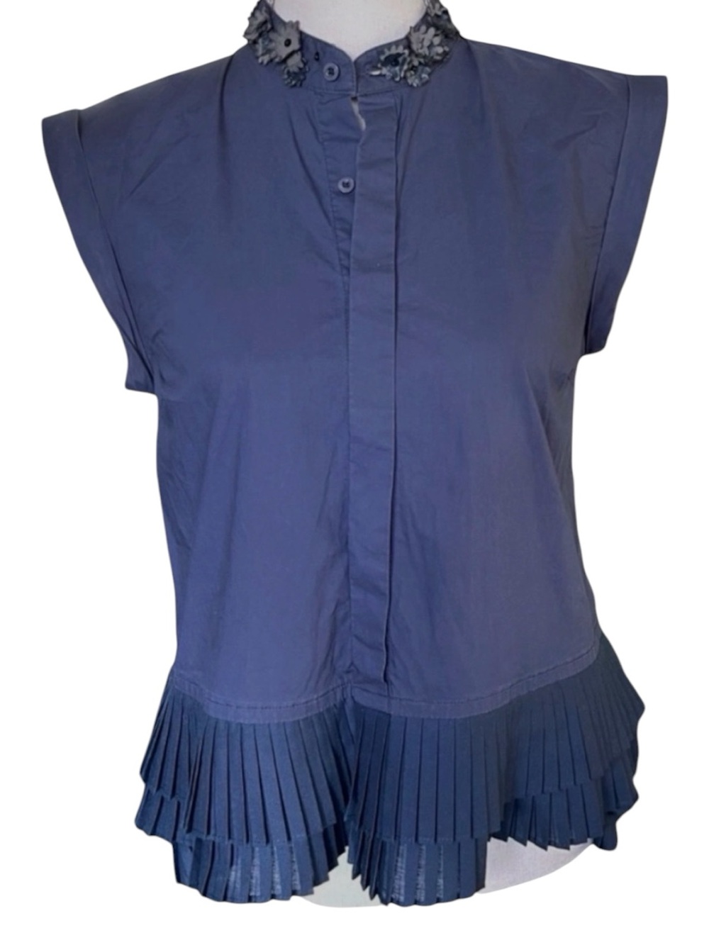 Bebi (Korea) Navy Cotton Cap Sleeve Pleated Hem Floral Applique Collar Top (6)